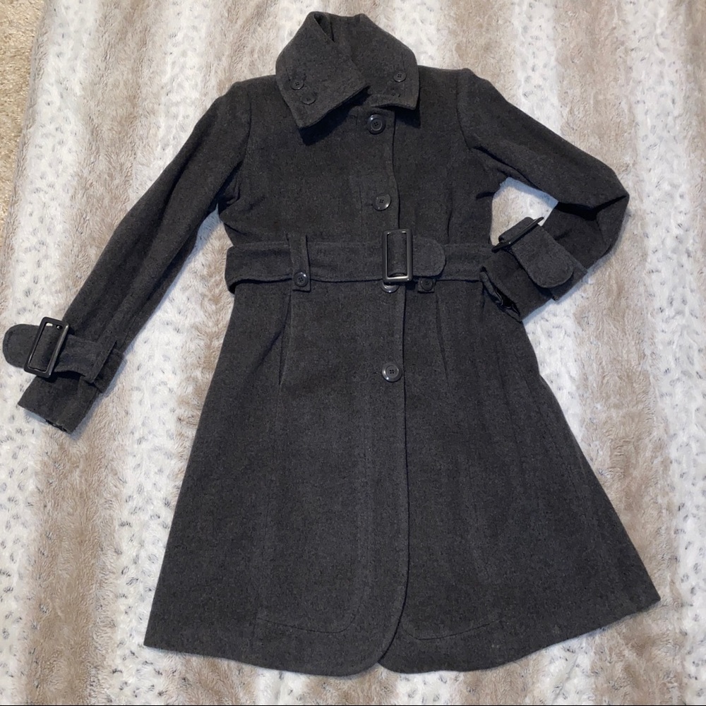 BEDO Grey Wool Trench Coat Tie Waist